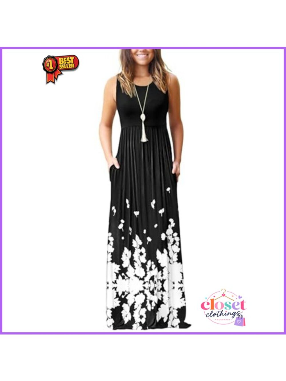 Sleeveless Floral Print Maxi Dress Contrast Tank Top Elastic Waist Casual